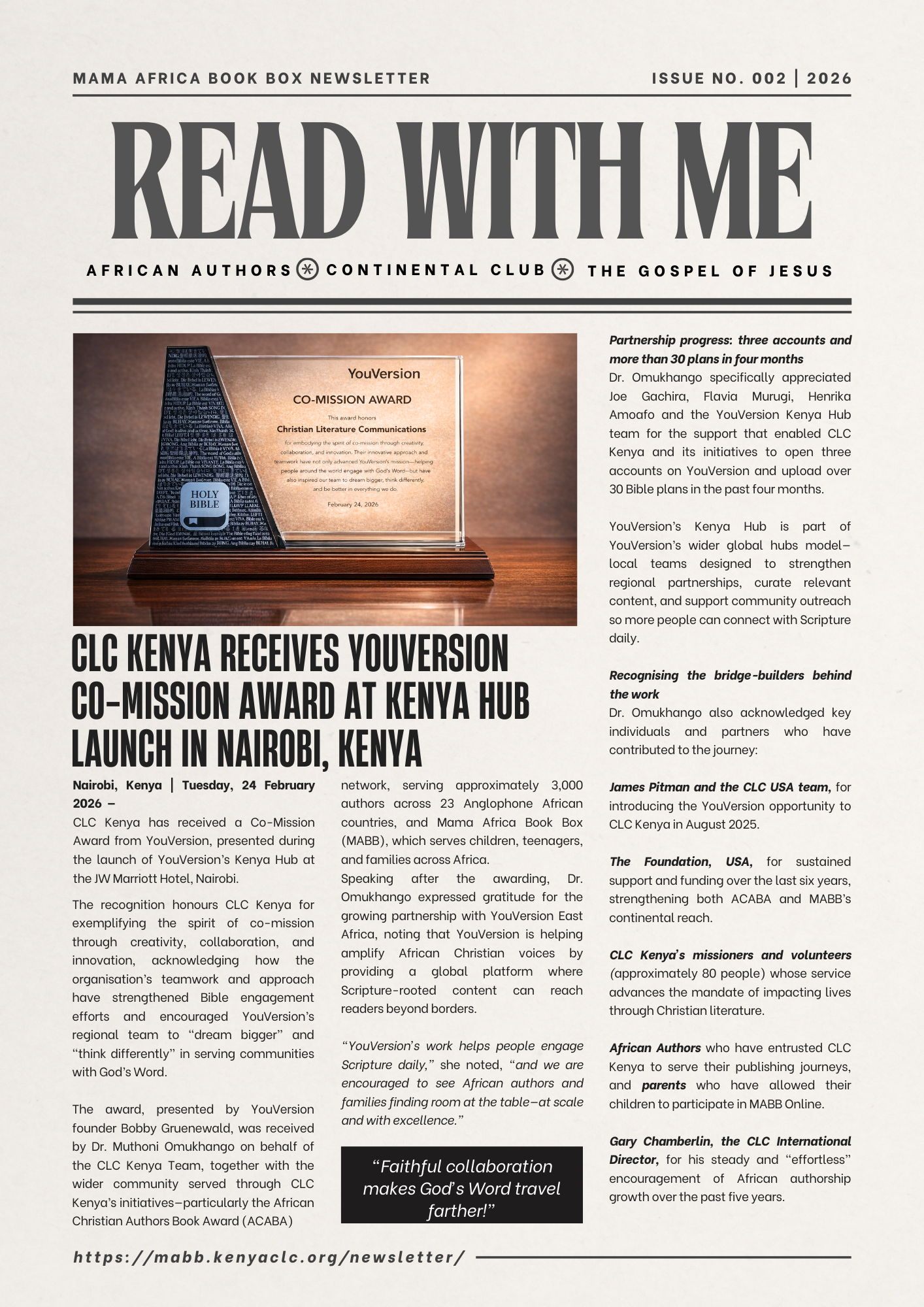 CLC Kenya Receives YouVersion Co-Mission Award at Kenya Hub Launch in Nairobi, Kenya